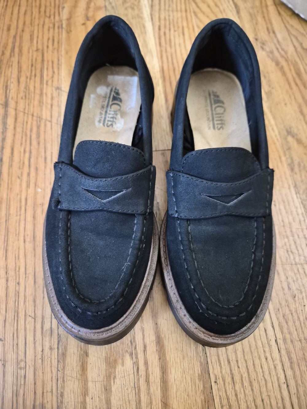Cliffs by WHITE MOUNTAIN Black Suede Penny Loafers with Brown Trim